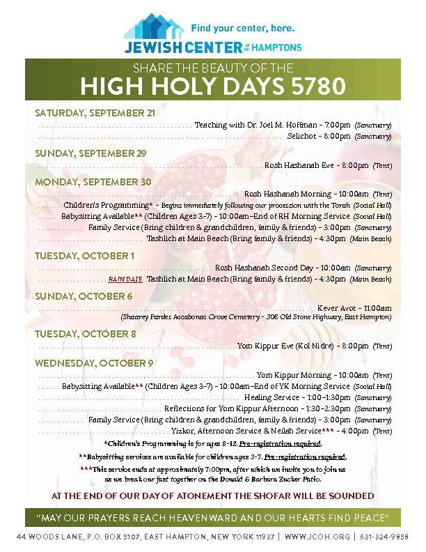 High Holy Days Jewish Center of the Hamptons